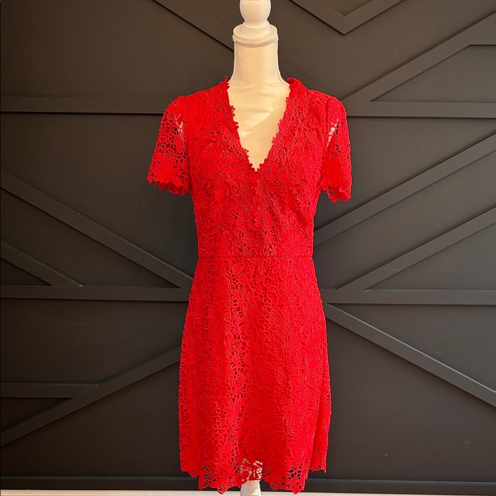 White House Black Market Short Sleeve,V-Neck, Red Lace  Sheath Dress, Size 8